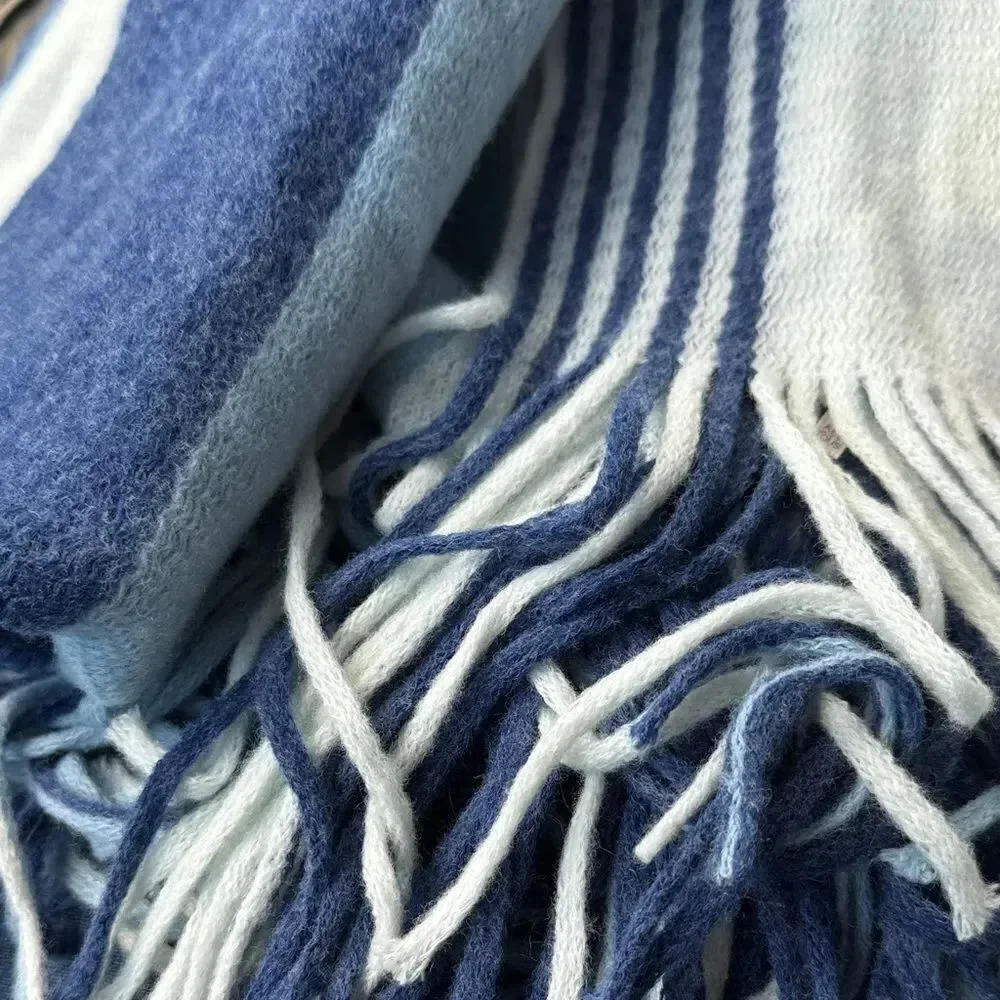 Free People Color Block Blue Stripe Oversized Fringed Edge Scarf Shawl Wrap